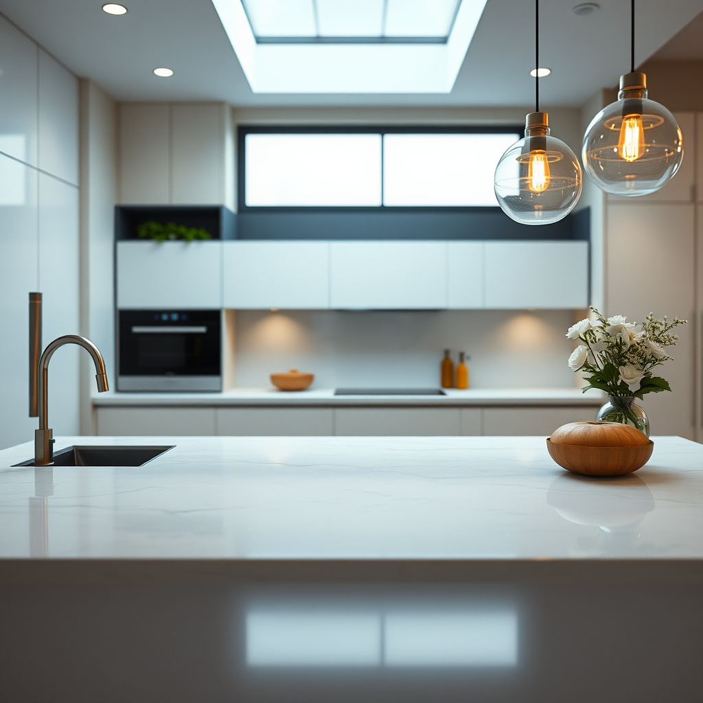 an attractive kitchen with quartz countertops, inspiring and elegant, designed for a luxurious home environment